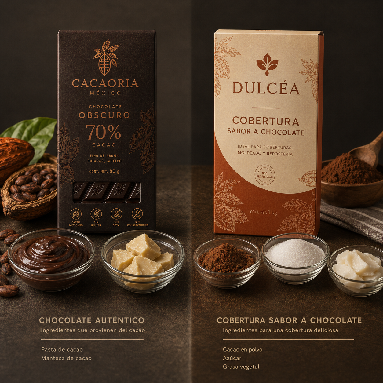 Comparación visual entre un chocolate y una cobertura sabor a chocolate, mostrando los ingredientes principales de cada formulación. 