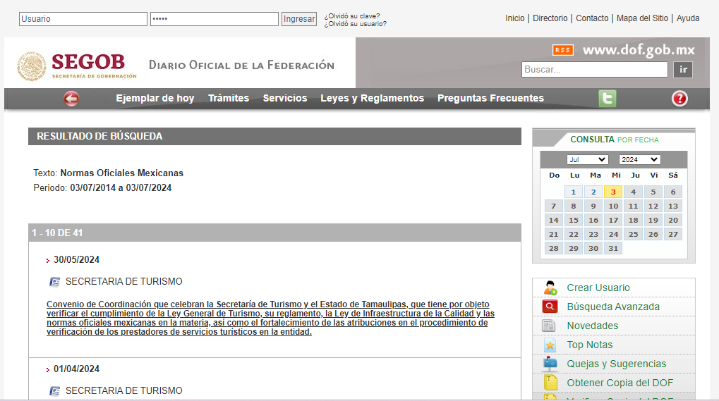 Sitio web del Diario Oficial de la Federación para consultar ls Normas Oficiales Mexicanas