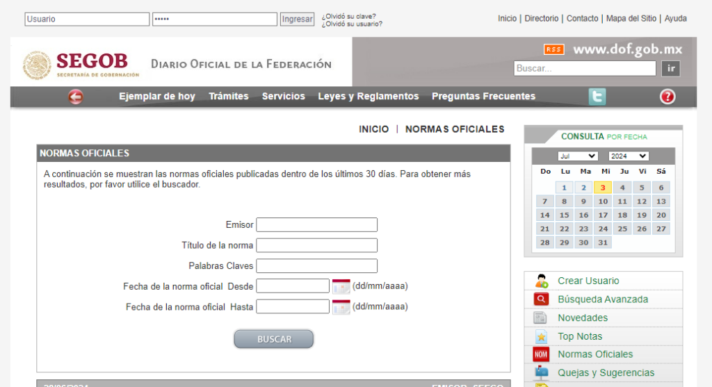 Sitio web del Diario Oficial de la Federación de búsqueda avanzada para consultar las Normas Oficiales Mexicanas