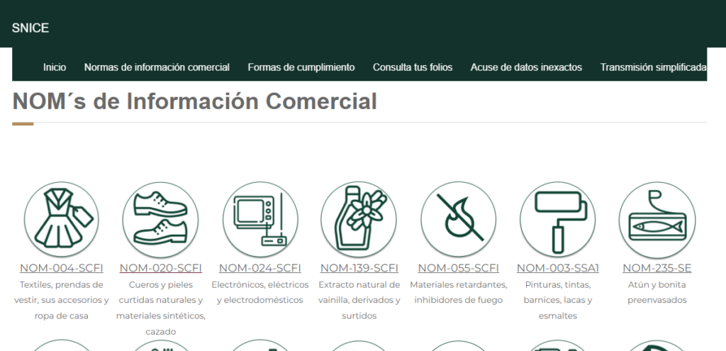 Sitio web de SNICE para consultar las Normas Oficiales Mexicanas sobre Información Comercia.