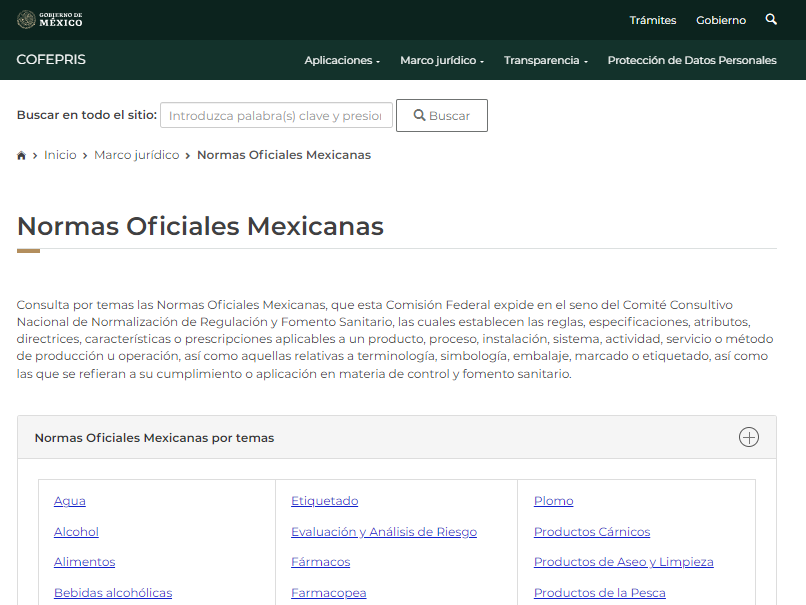 Sitio web de COFEPRIS para consultar las NOM´s 
