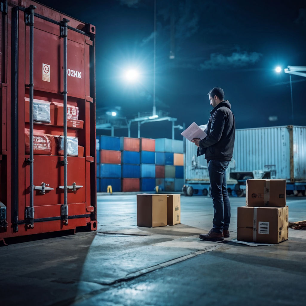 Agente aduanal revisando un pedimento y mercancías