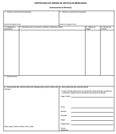 Tipos de certificados de origen
Ejemplo de un certificado de origen 