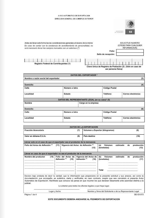 Aviso Automático de Exportación
AAE
Formato
Ejemplo