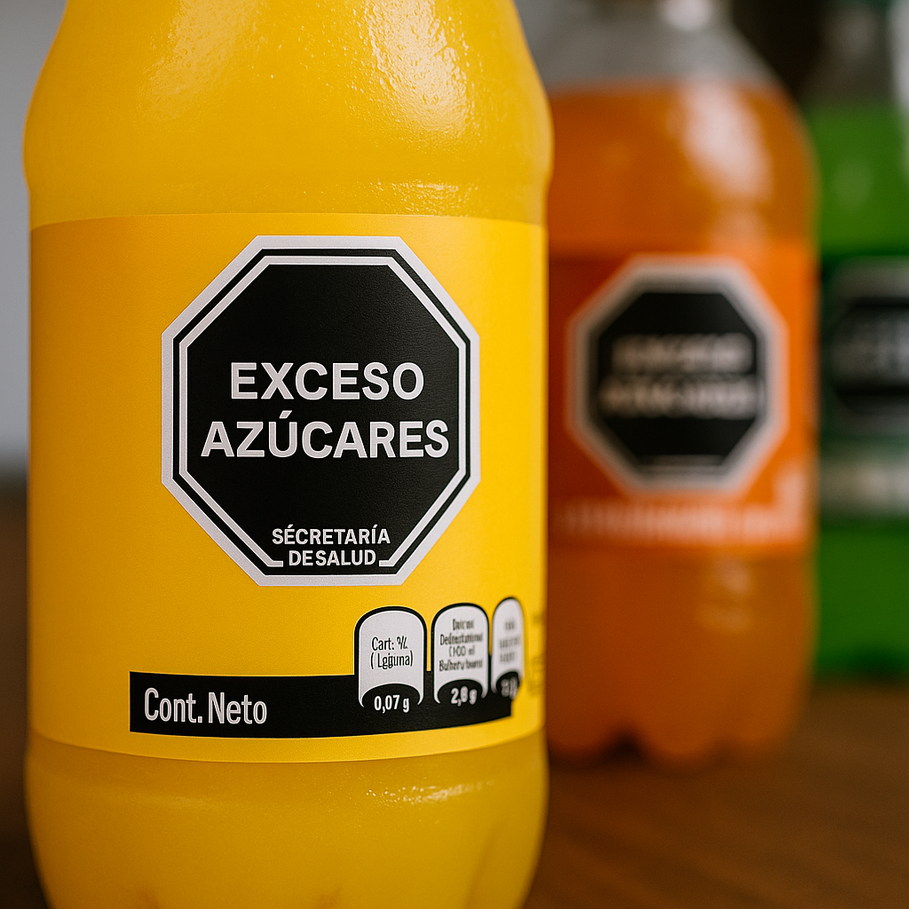 NOM-051-SCFI/SSA1-2010: obliga a sellos de advertencia ("Exceso de...") e información comercial (denominación, lista de ingredientes, declaración nutrimental, contenido neto, país de origen, lote, caducidad, responsable, leyendas precautorias, etc.)
Fase 3 (1 de enero de 2026): aprieta tuercas (leyendas "CONTIENE EDULCORANTES, NO RECOMENDABLE EN NIÑOS", "CONTIENE CAFEÍNA...", límites y criterios más estrictos). Las UI ya están preparando a las empresas para esto.
Bebidas azucaradas