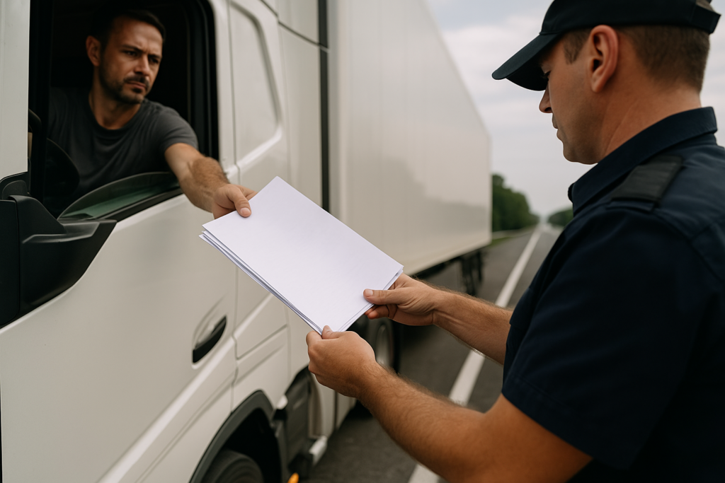 Transportista presentando documentos de Carta Porte durante revisión en carretera, asegurando el cumplimiento fiscal del traslado de mercancías