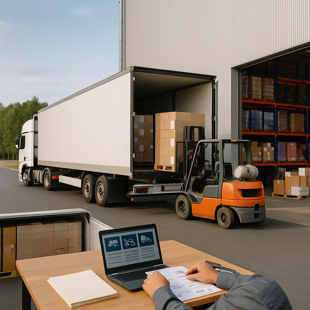 Equipo logístico validando rutas y documentos relacionados con CFDI para operaciones de comercio.
Camión cargando mercancías