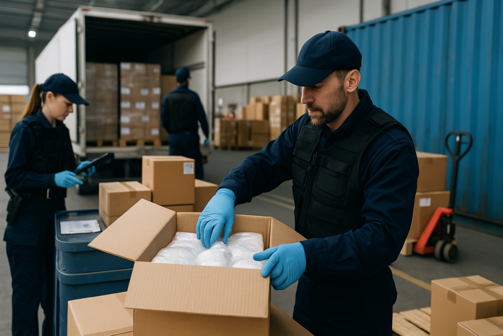 Almacén bajo revisión logística con camión detenido para validar documentación como Carta Porte y CFDI de traslado