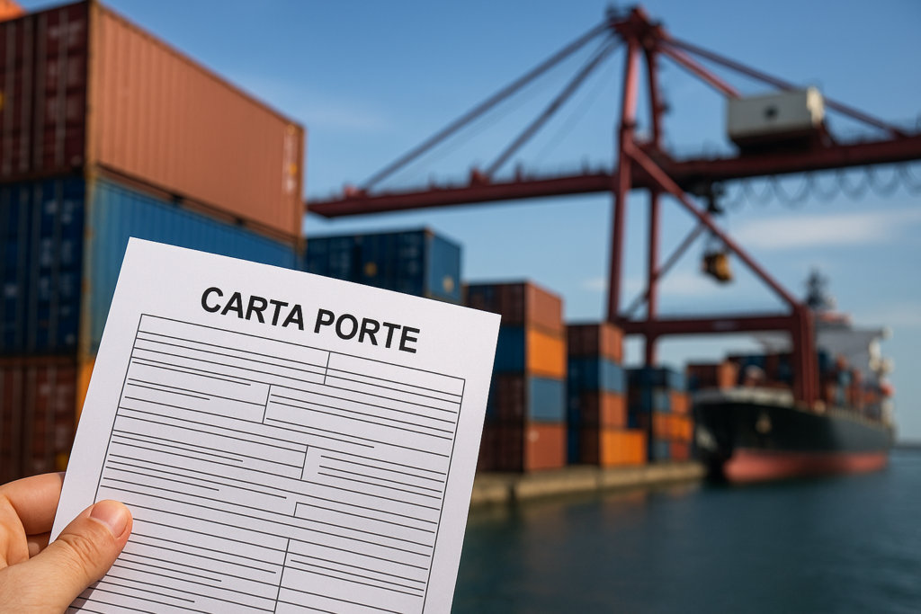 Documento impreso de Carta Porte en primer plano con camión de carga al fondo, simbolizando el CFDI de traslado y su impacto en el comercio mexicano