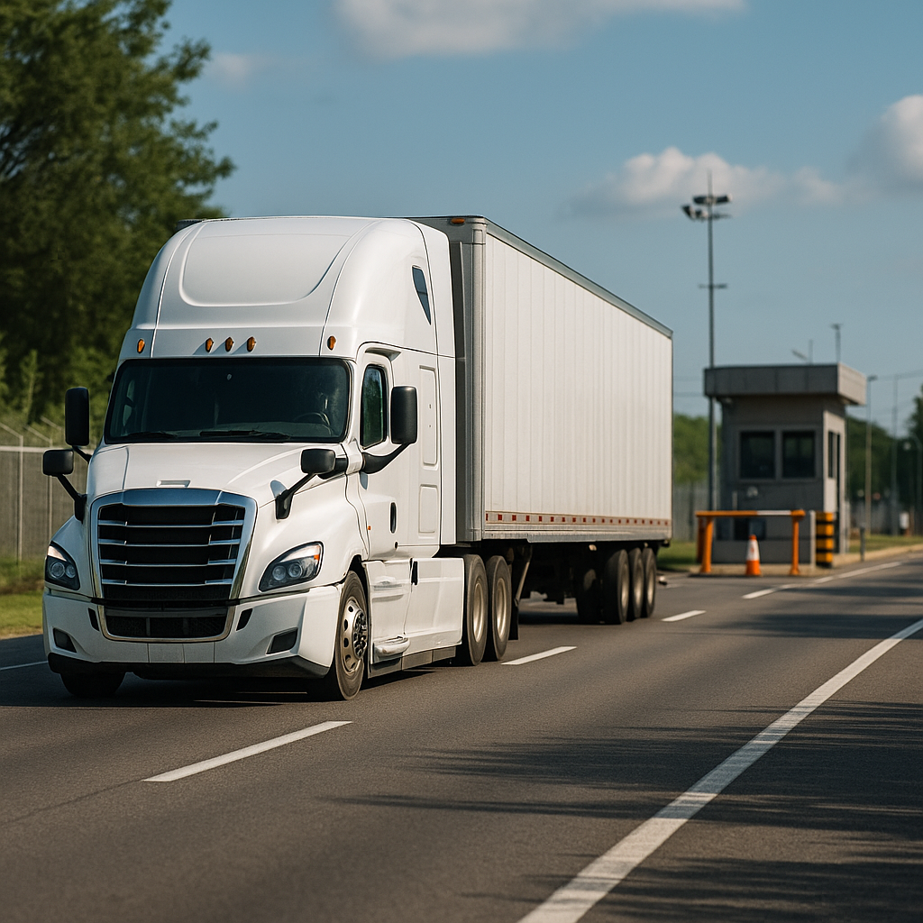 Camión de carga en carretera federal durante revisión, ilustrando el uso de la Carta Porte y del CFDI de traslado para el comercio de mercancías