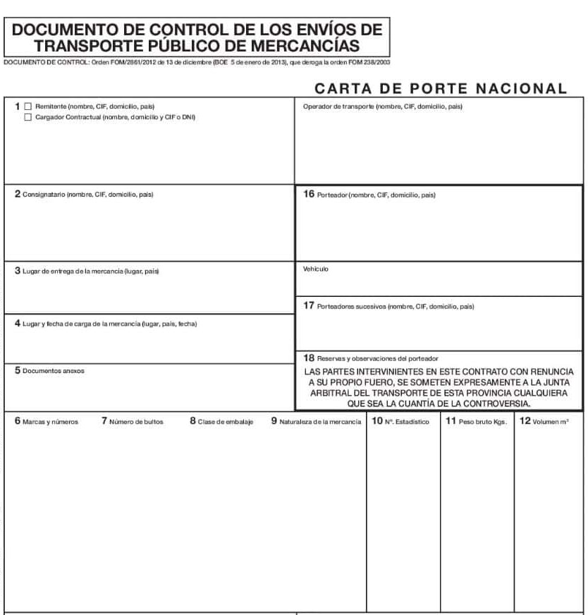 Documento de control de los envíos de transporte publico de mercancías de traslado o ingreso
Carta Porte 