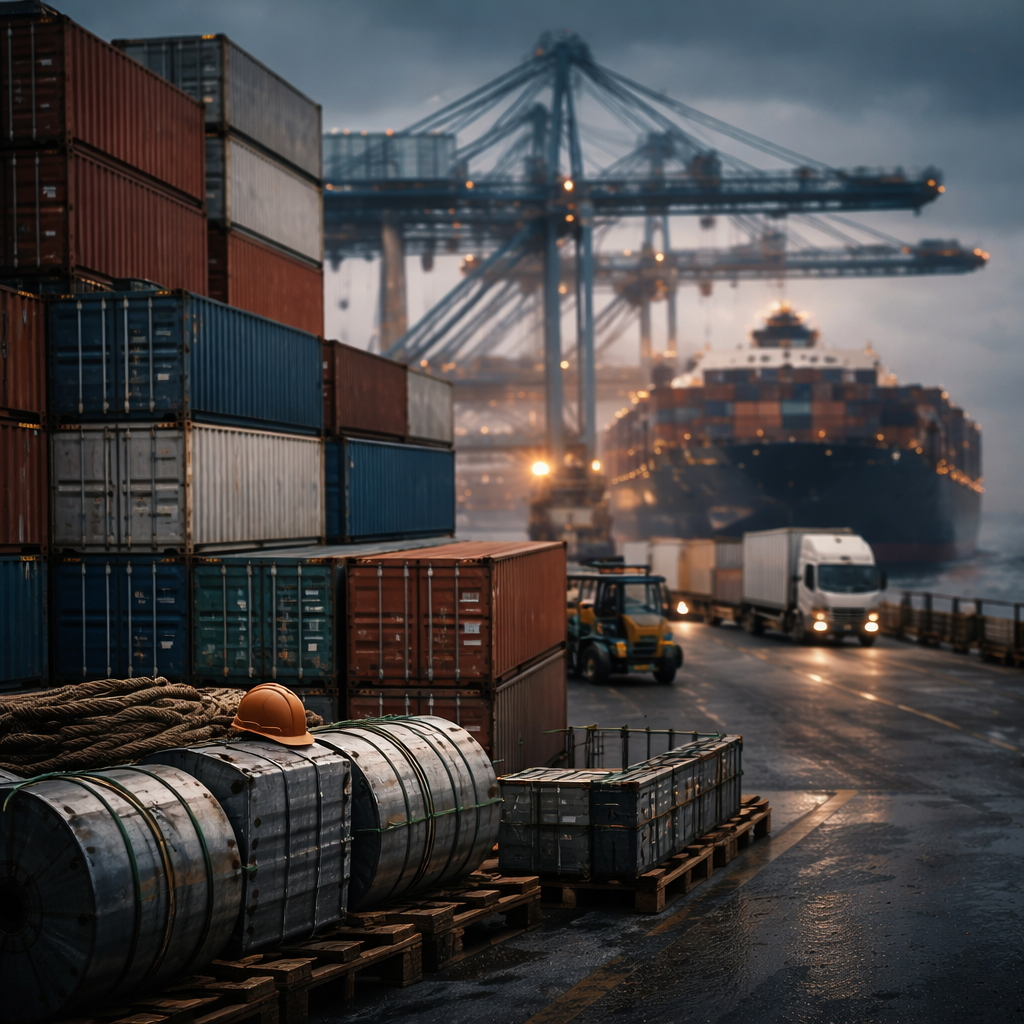 Puerto comercial con contenedores y grúas, ilustrando el impacto del Decreto de Aranceles 2026 en operaciones de importación y logística.