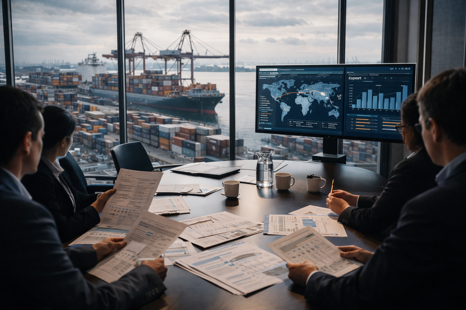 Reunión estratégica sobre exportaciones y sectores del comercio analizando el impacto del aviso automático de exportación antes de abrogar.