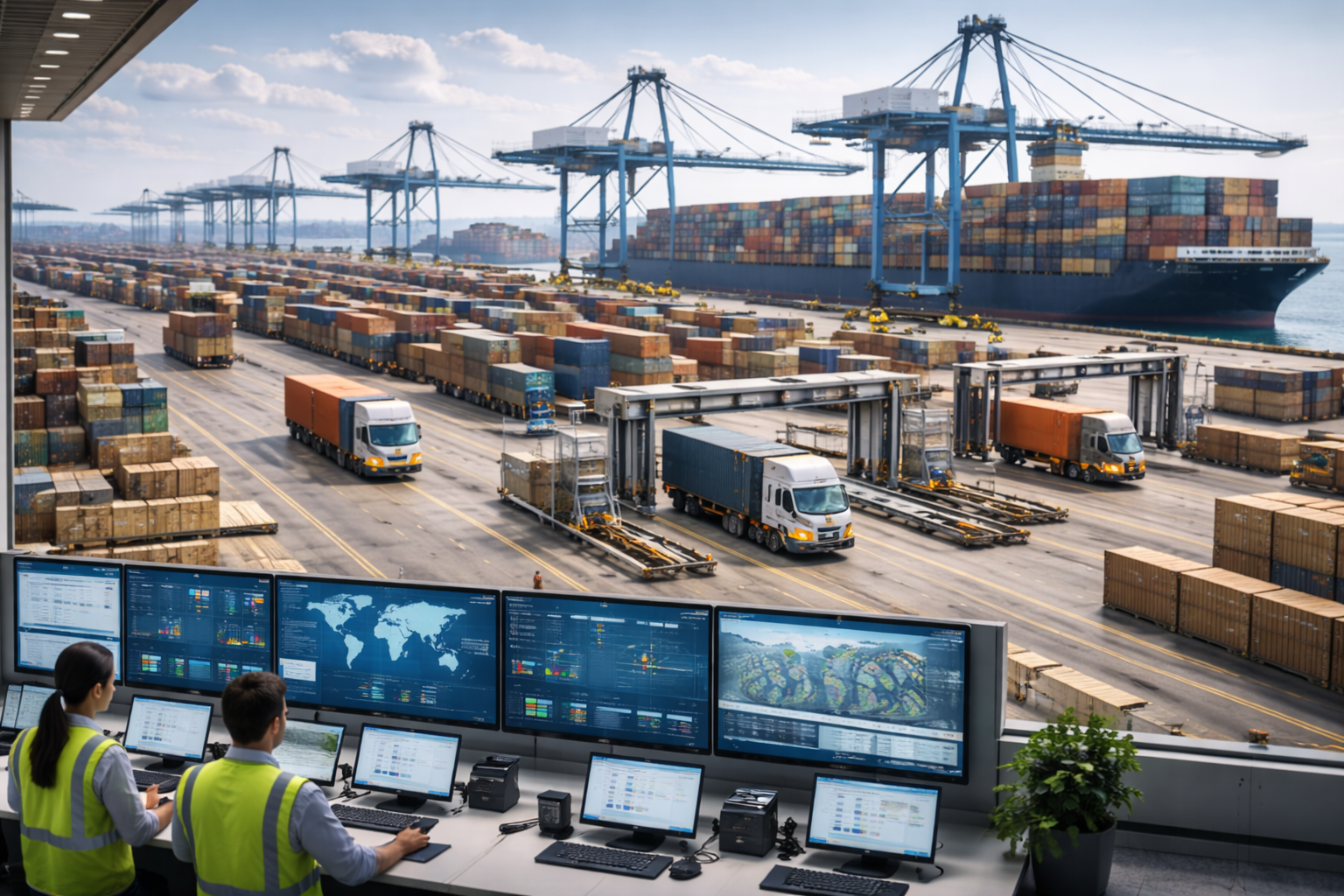 Centro logístico supervisando la operación portuaria en distintos sectores del comercio