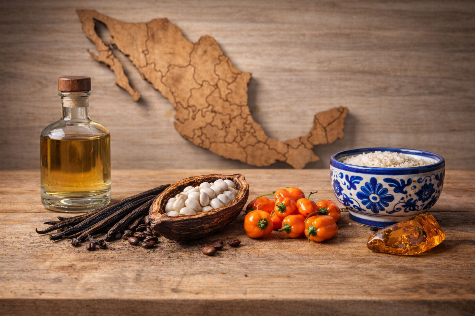 Mapa de México con vainilla, chile y arroz de Indicación Geográfica