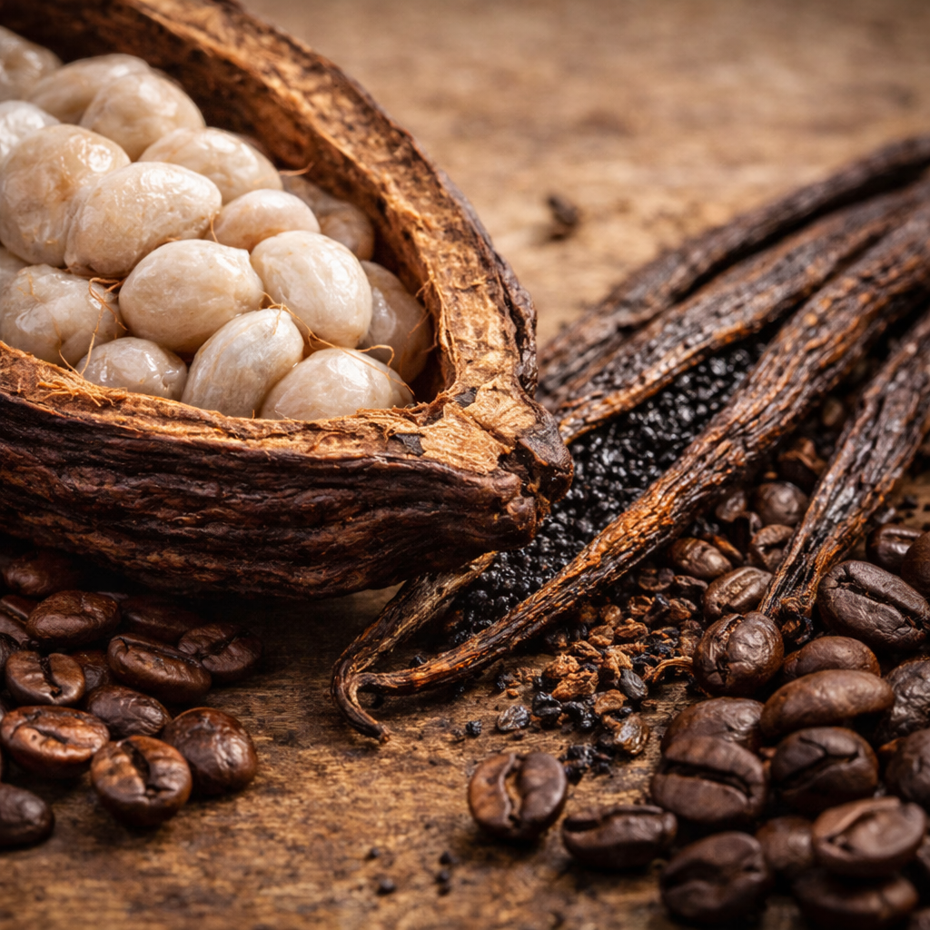 Vainilla y café mexicanos en mesa rústica, productos agrícolas mexicanos
