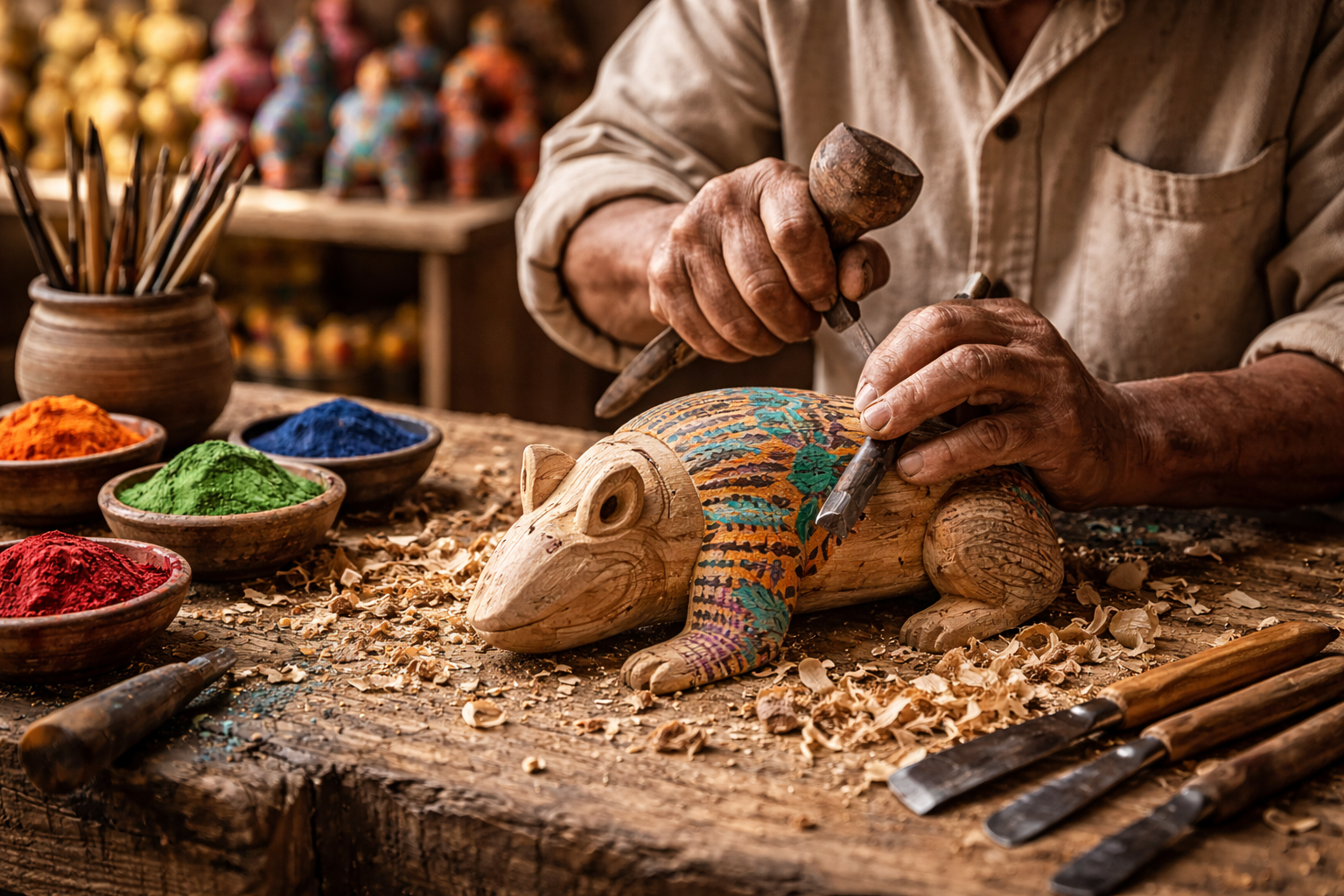 Artesano mexicano tallando figura de madera tradicional, ejemplo cultural de productos protegidos en México
Identidad cultural