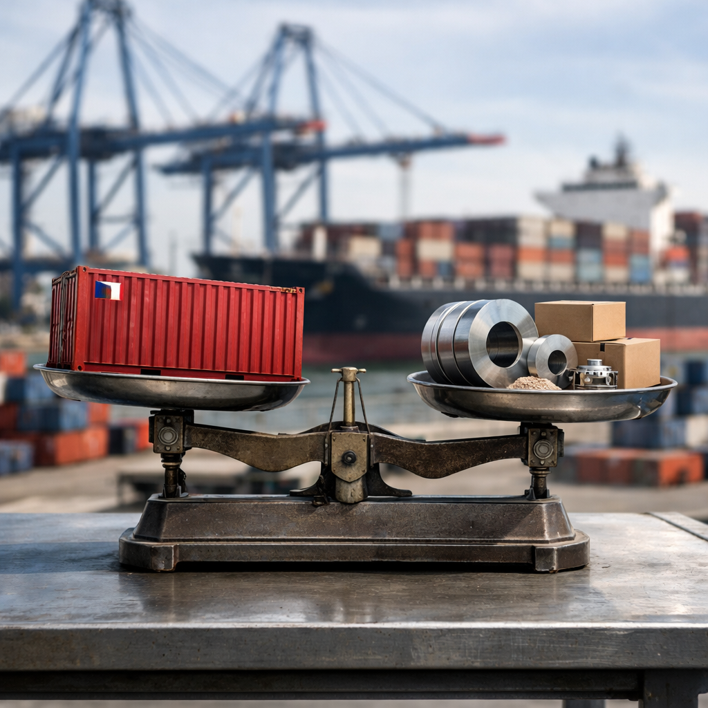 Contenedor importado y productos industriales en balanza en puerto, representación visual de dumping y antidumping en comercio internacional.