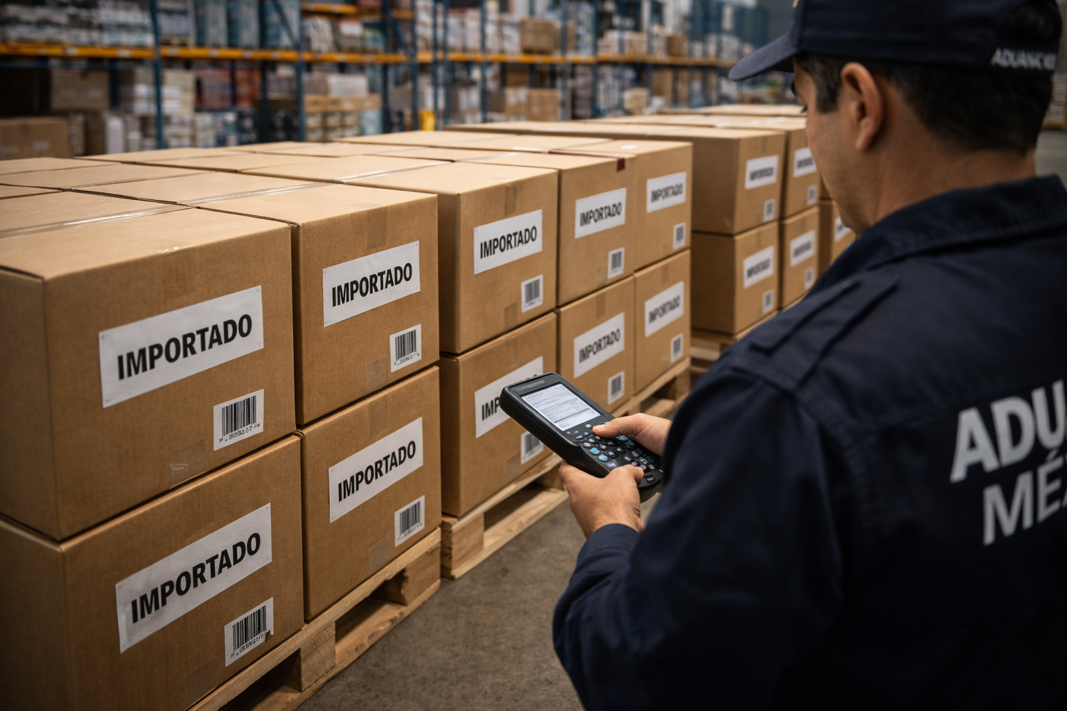 Inspector aduanero revisa cajas etiquetadas como importado en control de importación y condiciones de mercado.