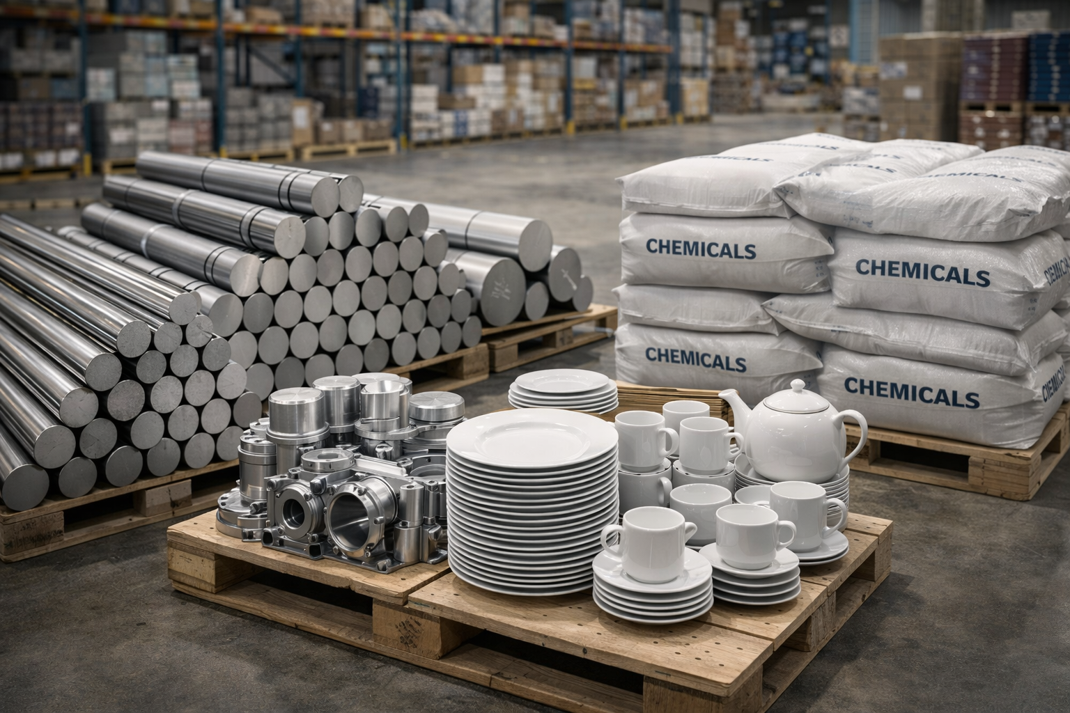 Productos industriales y químicos en pallets dentro de almacén, sujetos a cuotas compensatorias en la importación.