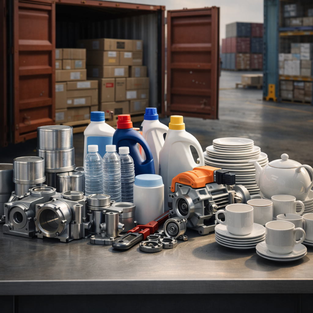 Mercancías industriales y de consumo importadas en almacén logístico que ilustran el impacto del dumping en el mercado.