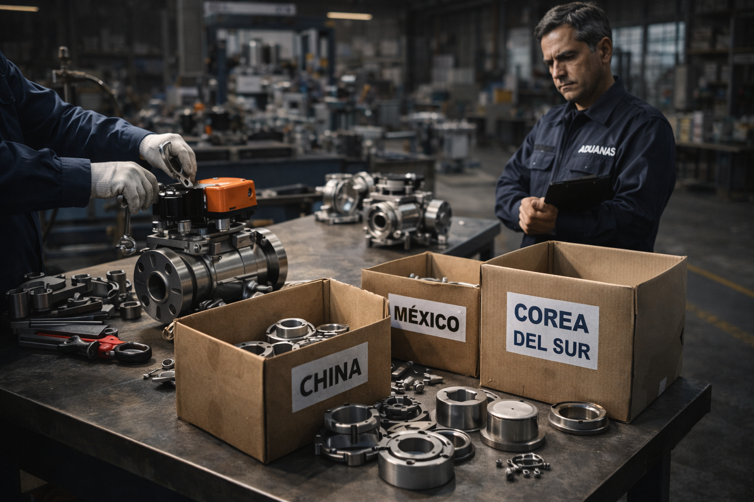 Inspección de piezas metálicas importadas desde China y Corea del Sur frente a producción nacional en análisis de competencia en el mercado.