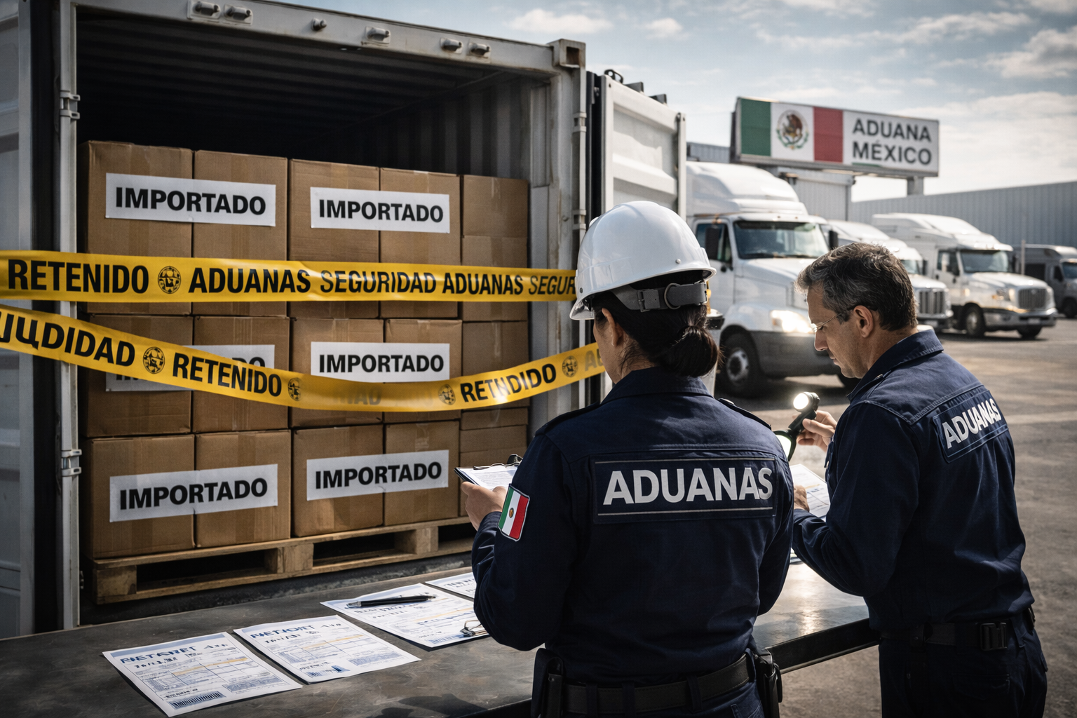 Oficiales de aduanas inspeccionan mercancía importada retenida en contenedor en México, relacionada con medidas antidumping en la importación.