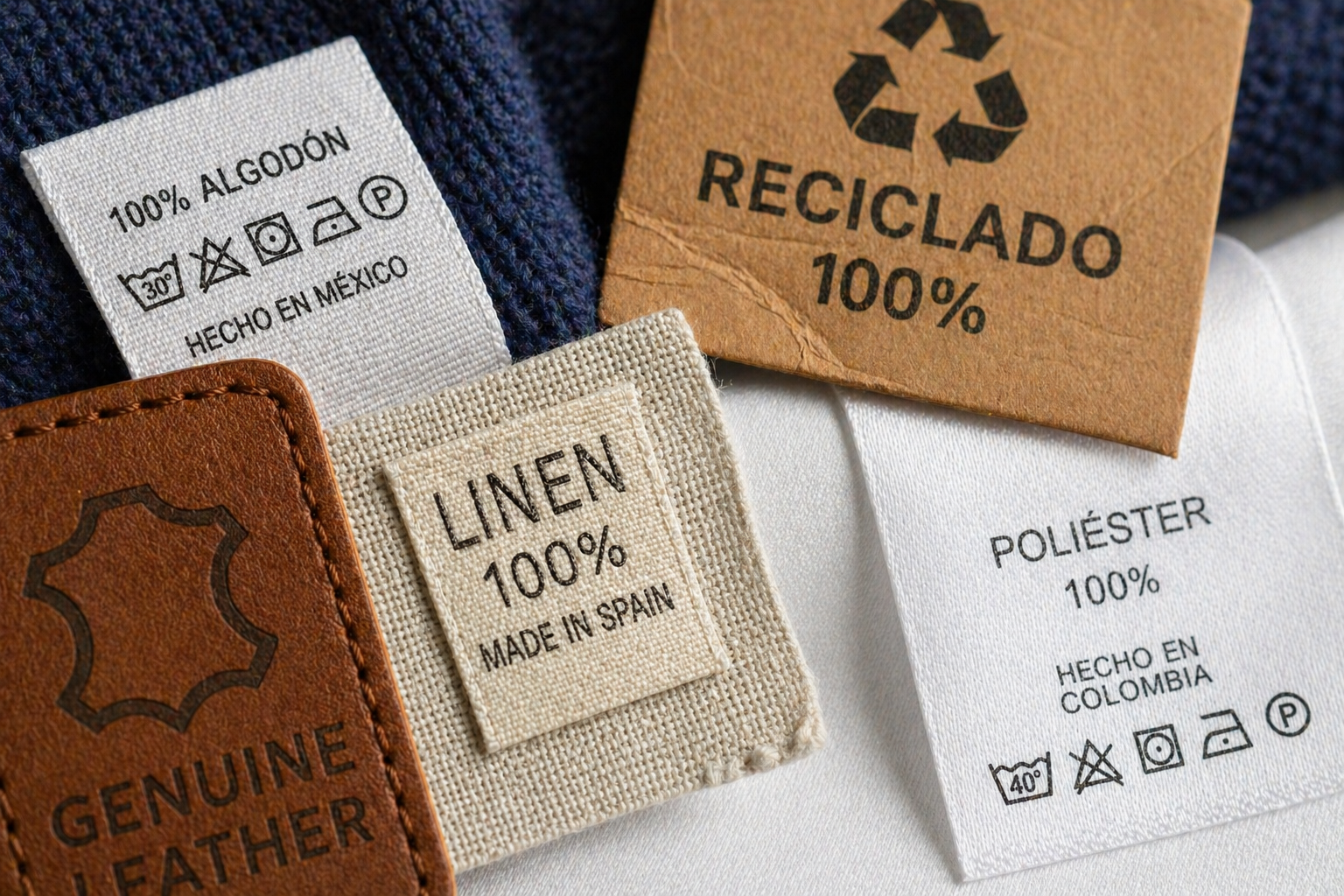 Etiquetas de productos textiles con información comercial como composición y origen, ejemplo de cumplimiento NOM en etiquetado