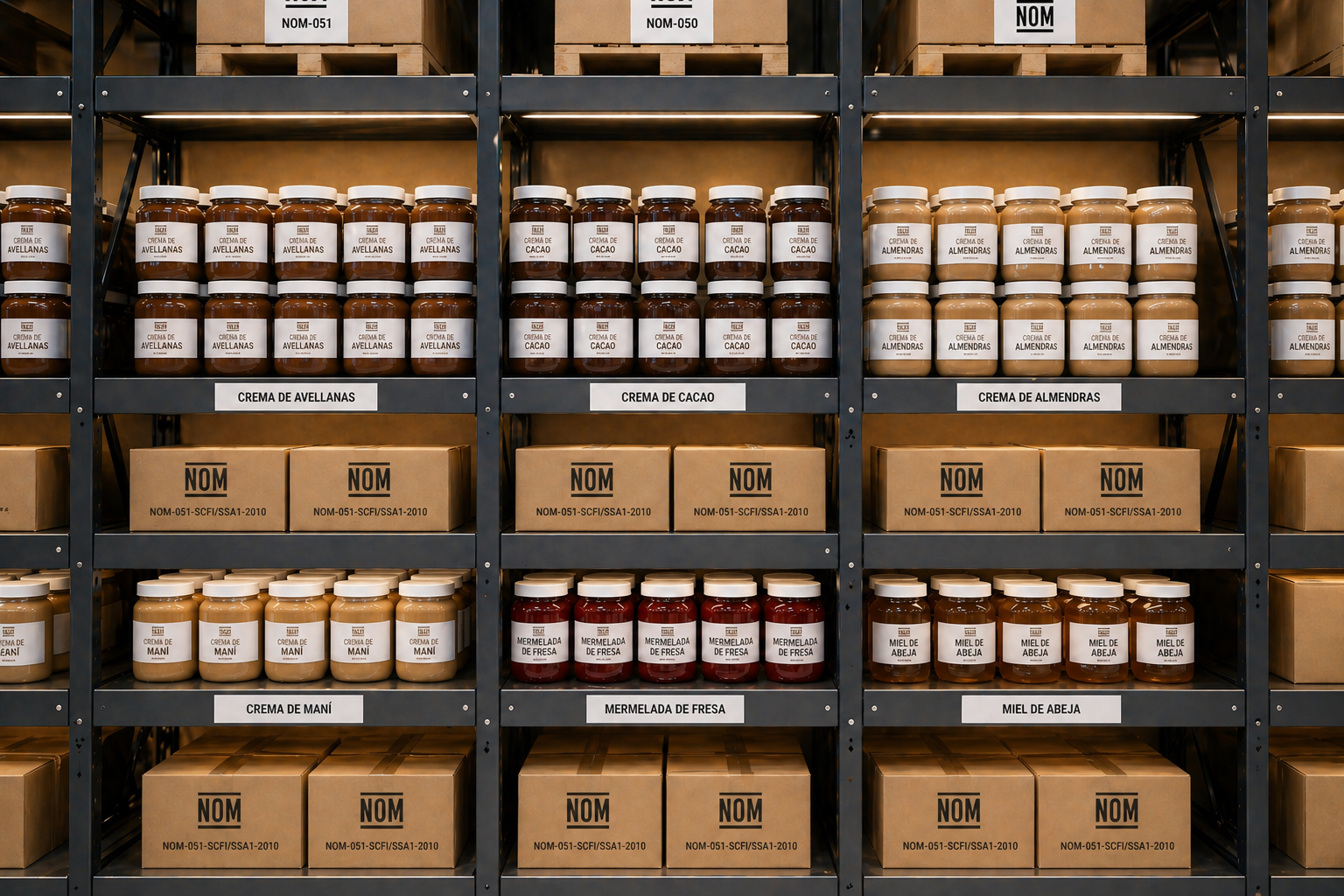 Productos correctamente etiquetados en almacén listos para comercialización bajo normas de información comercial