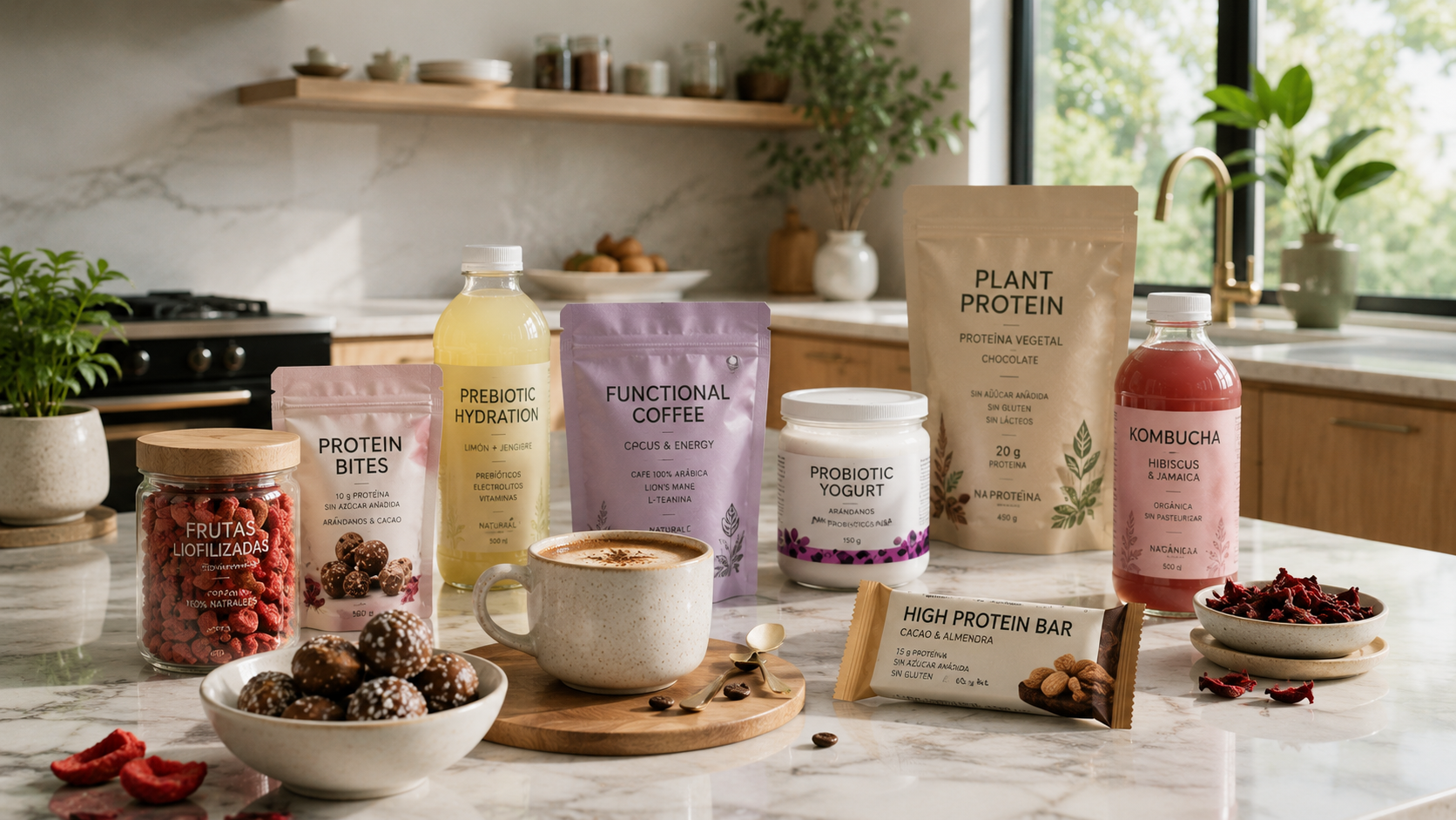 Productos funcionales premium organizados en cocina contemporánea con bebidas, snacks y cafés wellness diseñados para un consumidor saludable.