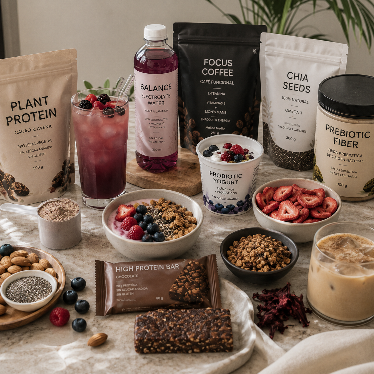 Mesa con alimentos y bebidas funcionales como yogurt probiótico, proteína vegetal y prebióticos, elaborados con ingredientes enfocados en bienestar digestivo.