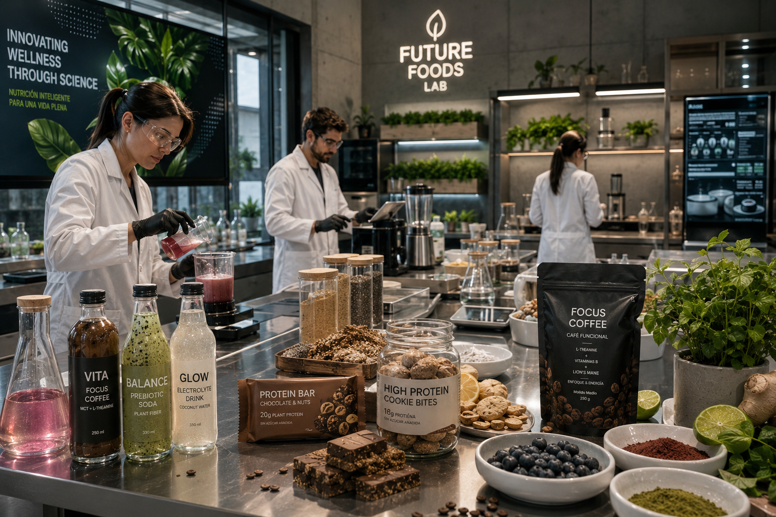 Equipo desarrollando ingredientes y productos funcionales en laboratorio alimentario moderno, reflejando innovación y evolución de la industria wellness.