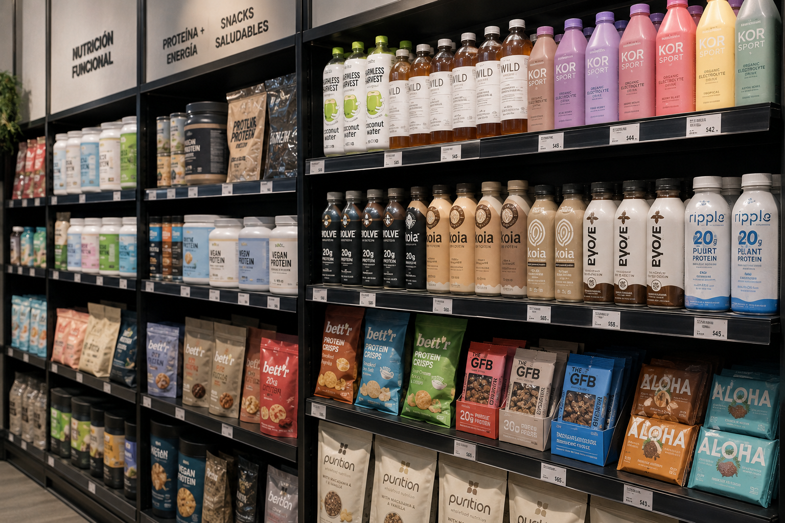 Anaqueles con alimentos y bebidas en supermercado premium, mostrando productos wellness enfocados en proteína, energía y nutrición moderna para el consumidor actual.