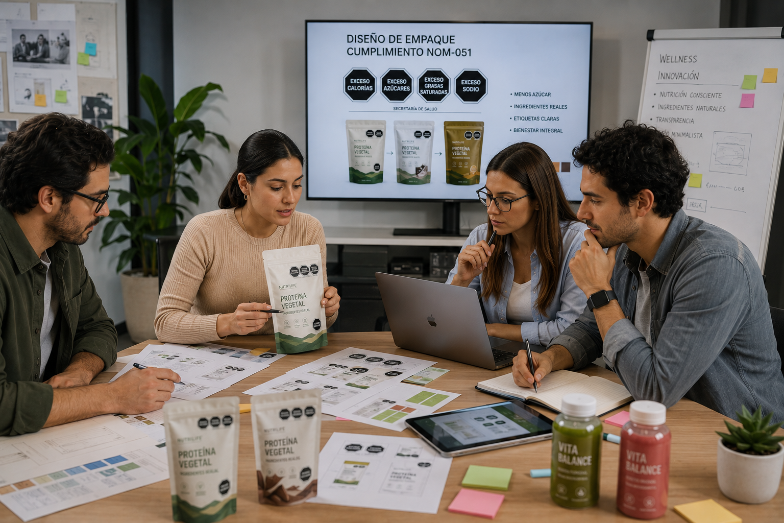 Especialistas analizando empaques e ingredientes de productos funcionales para cumplir con el etiquetado de la NOM-051 y nuevas tendencias de la industria alimentaria.
