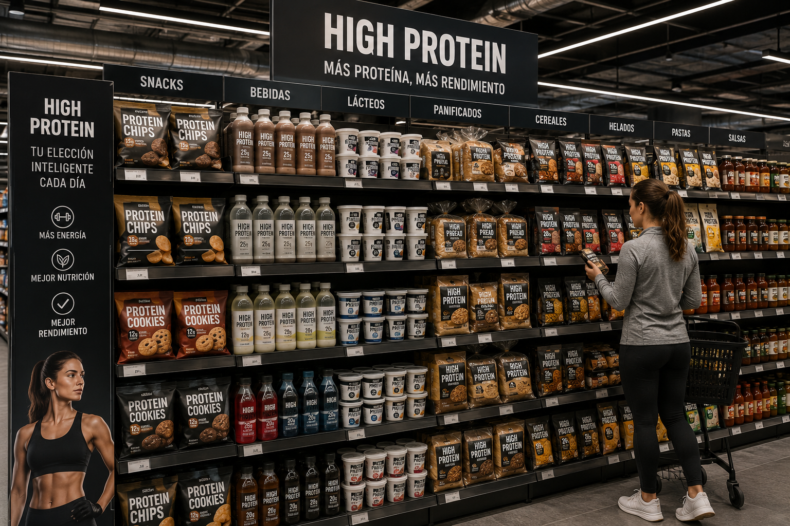 Pasillo de supermercado dedicado a productos high protein y alimentos funcionales, mostrando cómo la industria busca reformular opciones para mejor nutrición.
