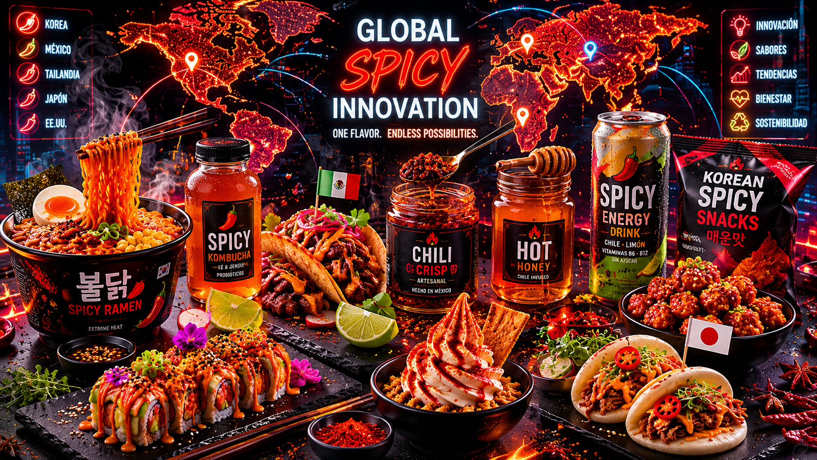 Mesa global de alimentos y bebidas spicy, ramen, tacos, hot honey y chile