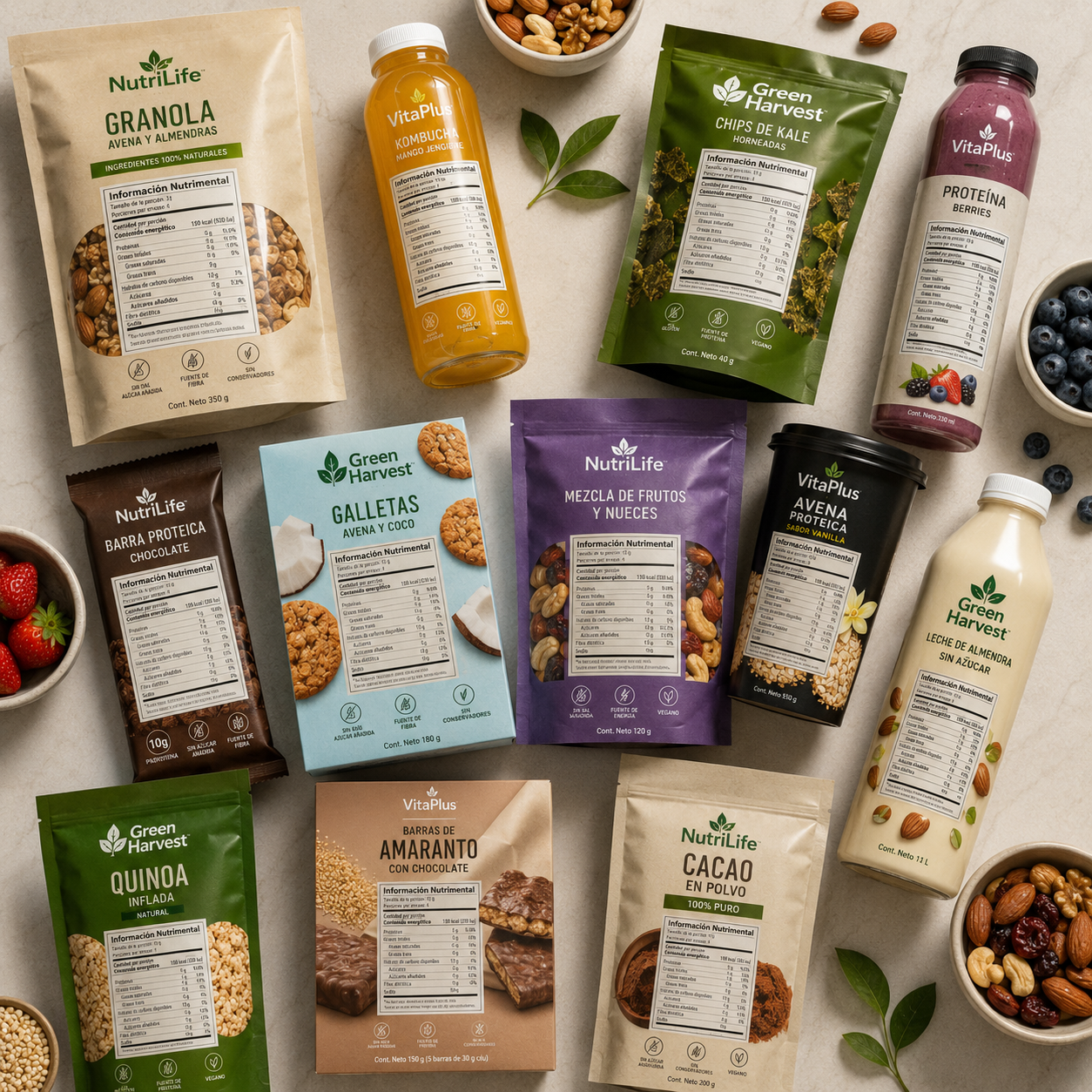 Diferentes productos alimenticios con etiquetado para conocer su información nutrimental.