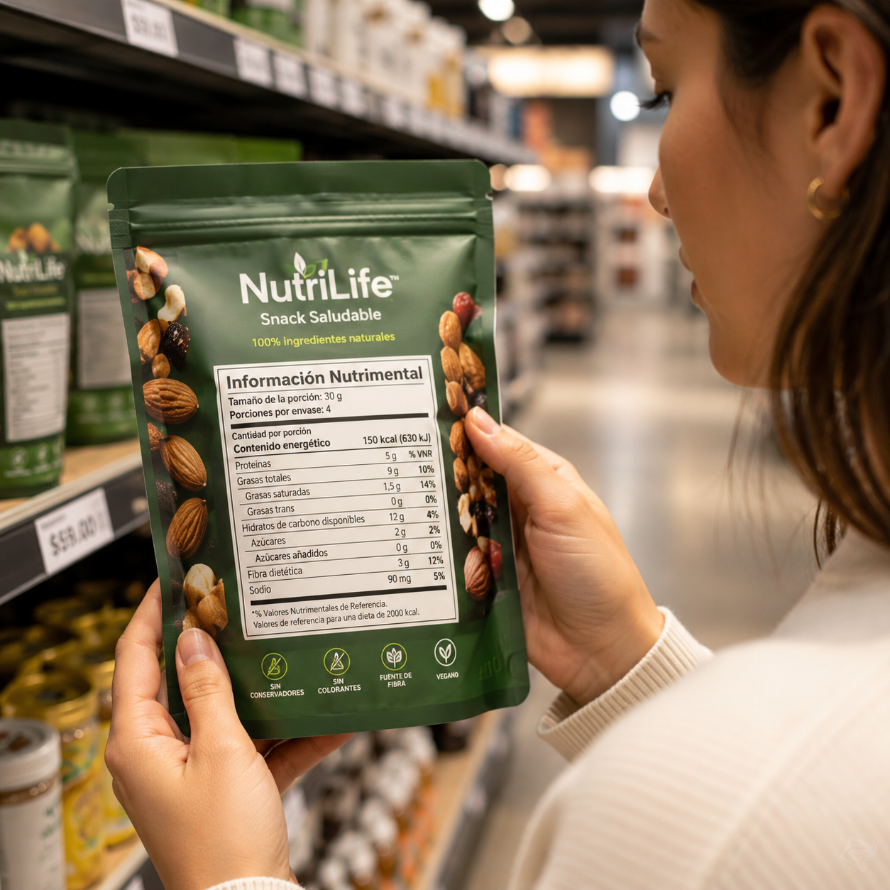 Consumidor revisando el etiquetado de un producto alimenticio antes de realizar su compra.