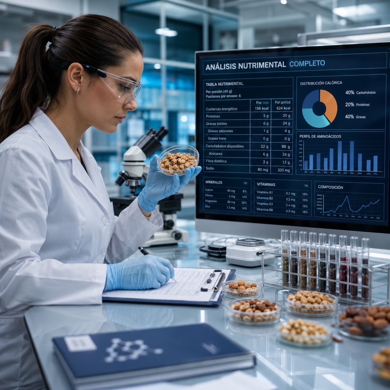 Laboratorio alimentario evaluando la composición nutrimental de un producto.