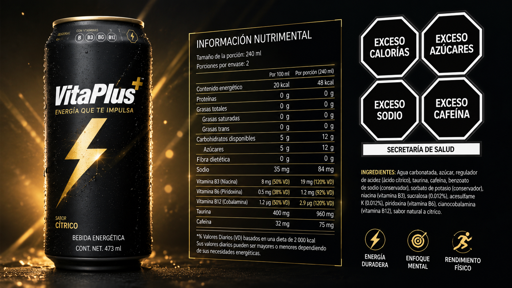 Producto premium con Tabla de Información Nutrimental y sellos de advertencia que muestran nutrimentos críticos conforme al etiquetado.