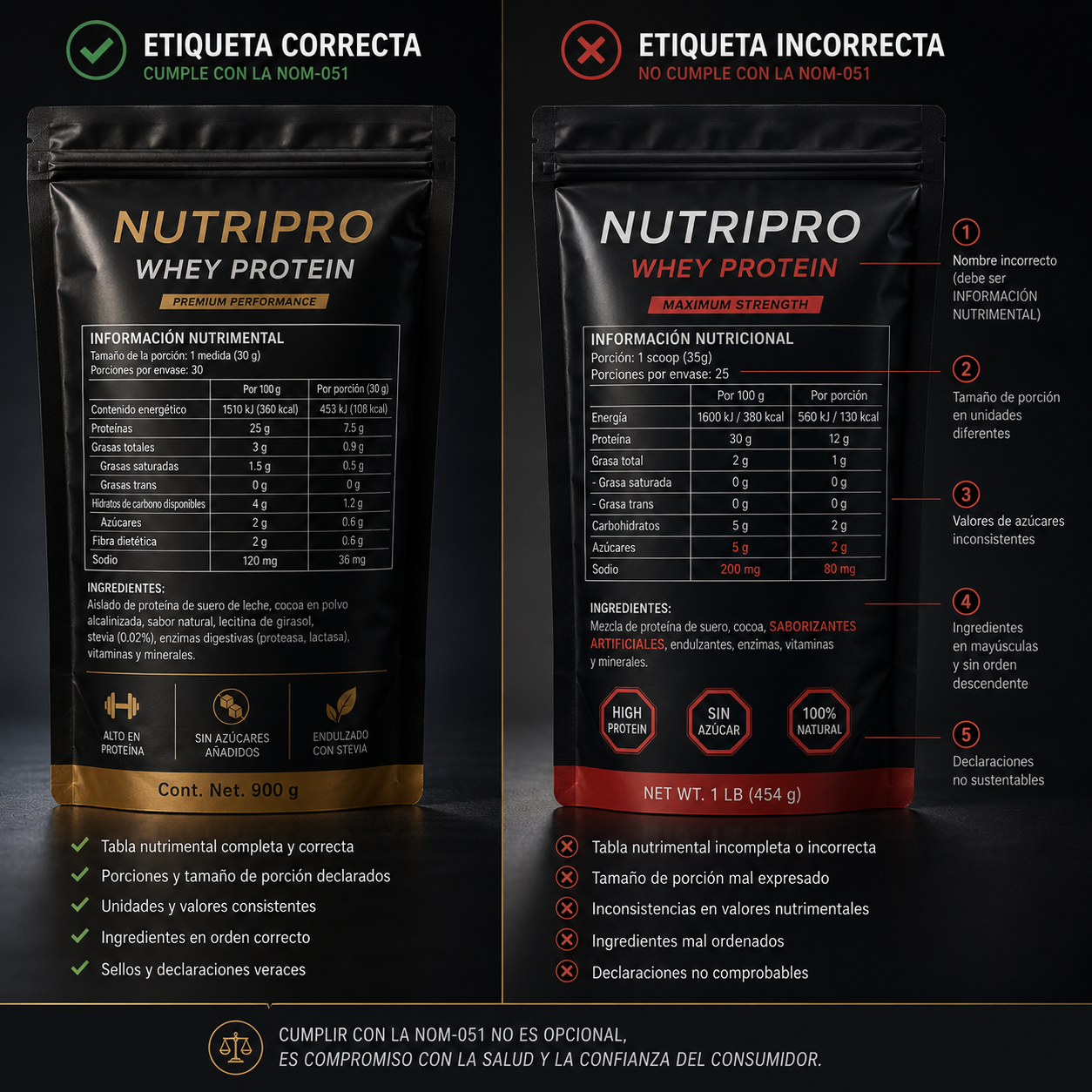 Comparación entre una Tabla de Información correcta y otra con errores de etiquetado.