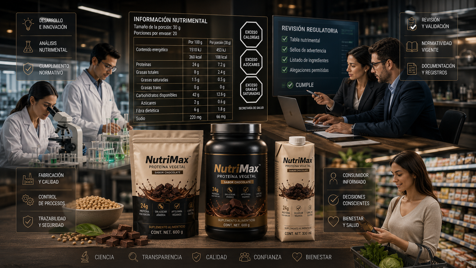 Proceso integral de etiquetado que relaciona la Tabla de Información Nutrimental y la composición nutrimental del producto.