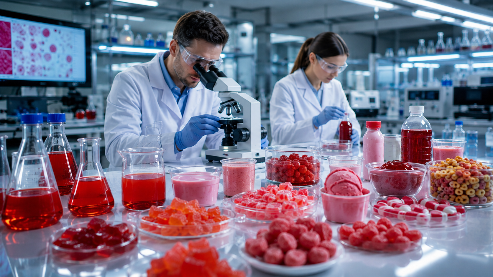 Laboratorio alimentario estudiando el uso de aditivos relacionados con el consumo de productos procesados.