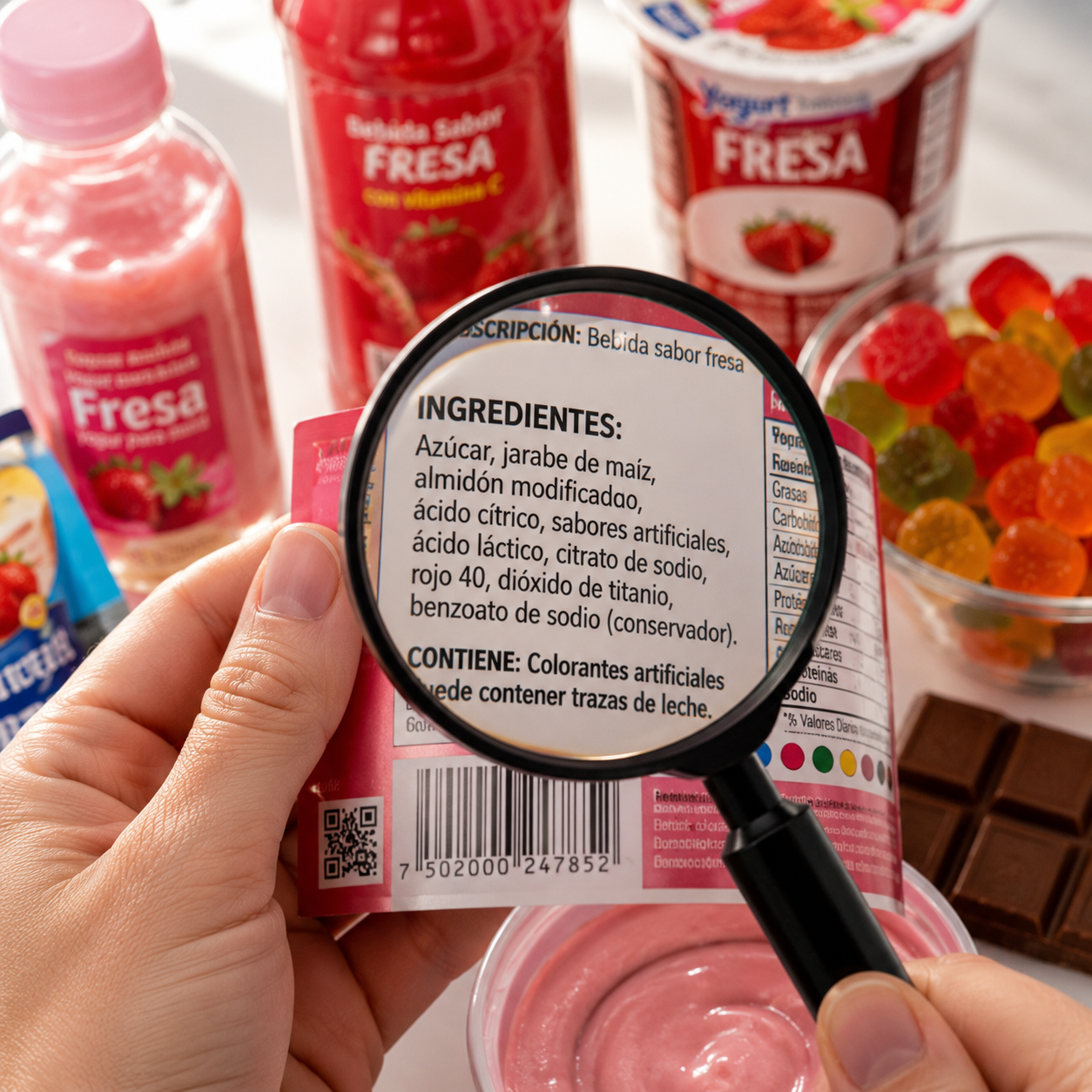 Consumidor revisando ingredientes y aditivos en una etiqueta para identificar la presencia de colorantes artificiales como el Rojo 3.