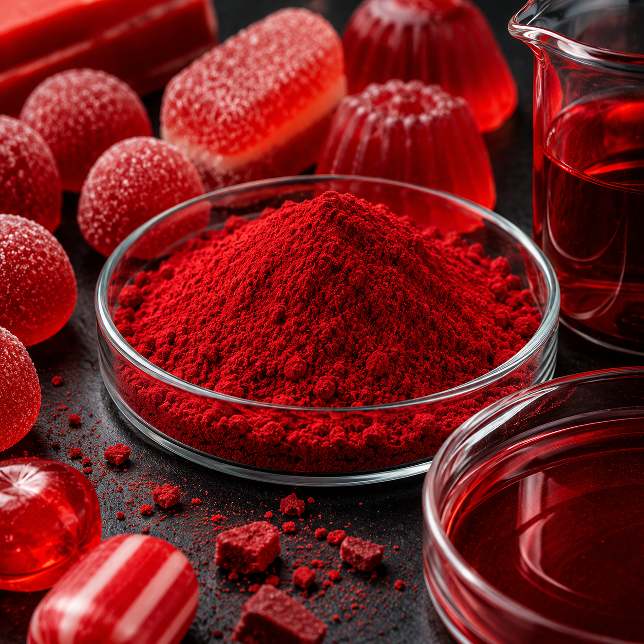 Representación visual de la Eritrosina, ingrediente utilizado como colorante rojo en diversos alimentos procesados y bebidas.