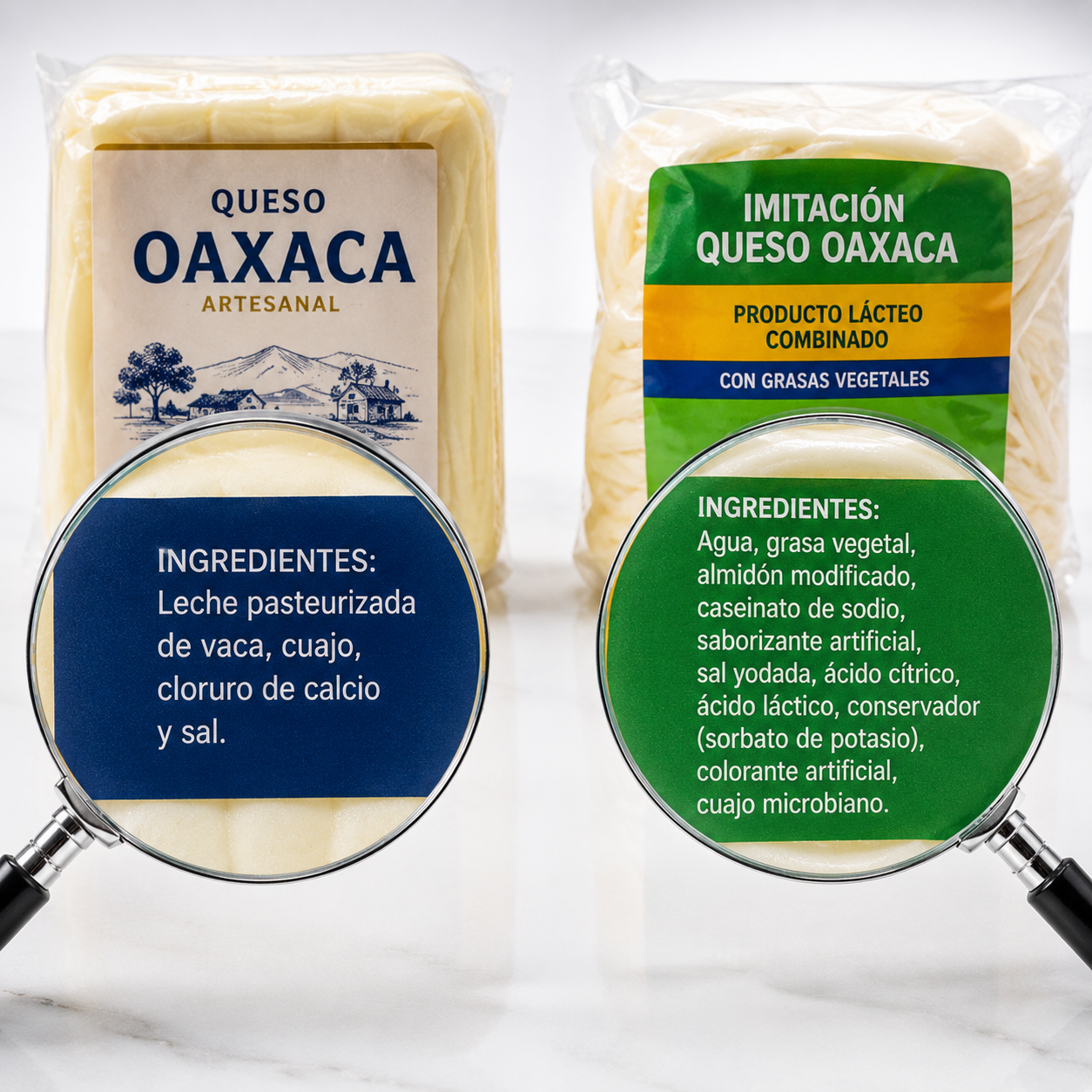 Etiquetas de queso Oaxaca e imitación de queso Oaxaca con lupa sobre la lista de ingredientes y composición.