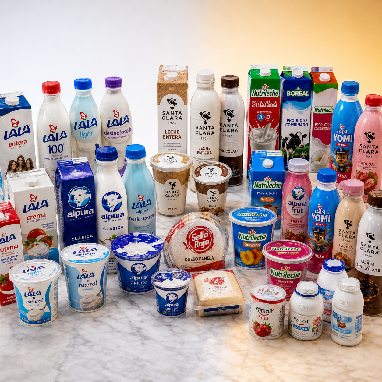 Diferentes leches, yogures y cremas usados para explicar la variedad de productos del mercado lácteo.