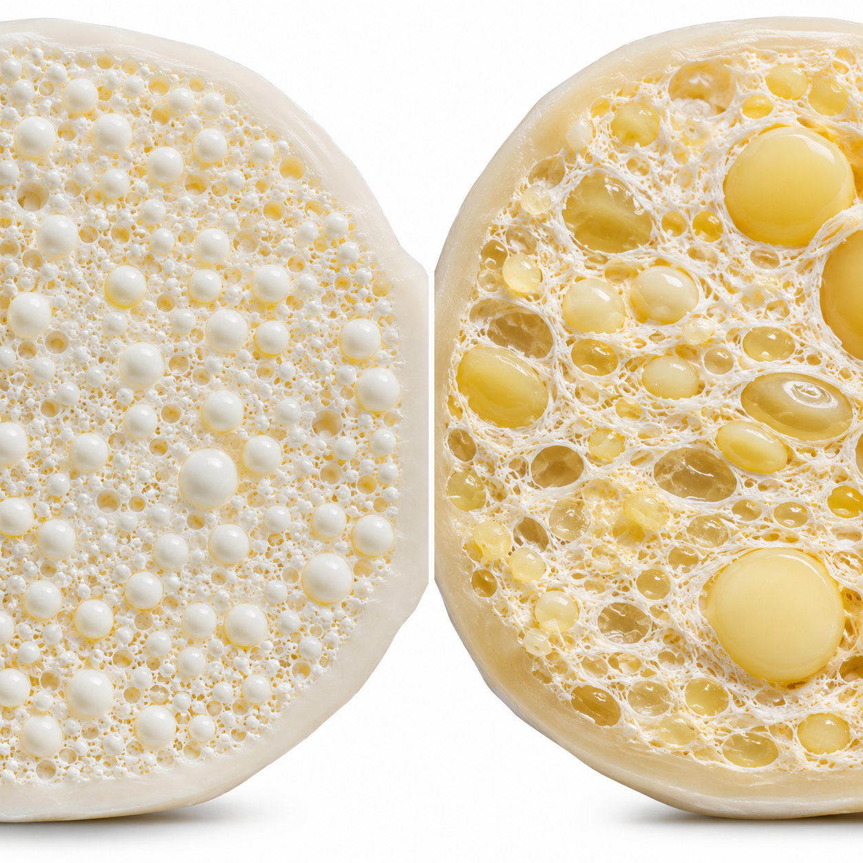 Comparación visual entre grasa láctea y grasa vegetal para explicar diferencias en formulaciones alimentarias.