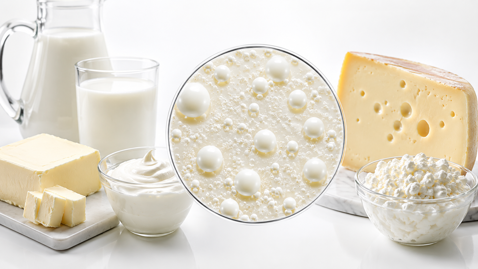 Productos lácteos como leche, crema, mantequilla y queso junto a una ampliación visual de su estructura grasa.