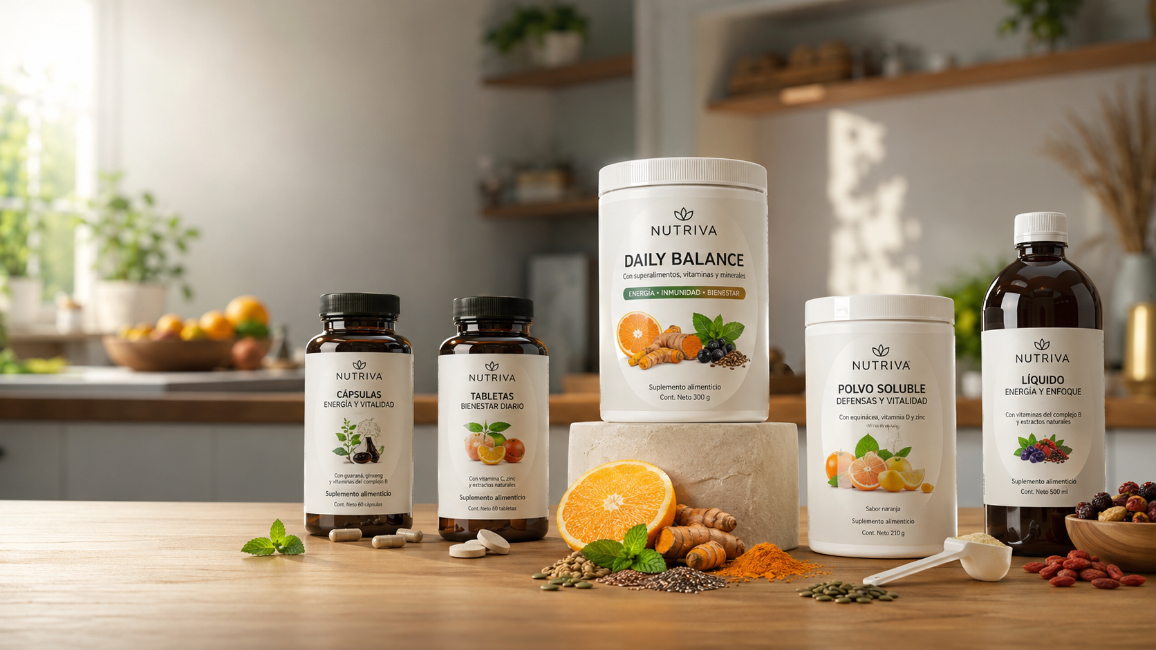Productos sobre una mesa de laboratorio, acompañados de ingredientes naturales, una lupa y documentación regulatoria.